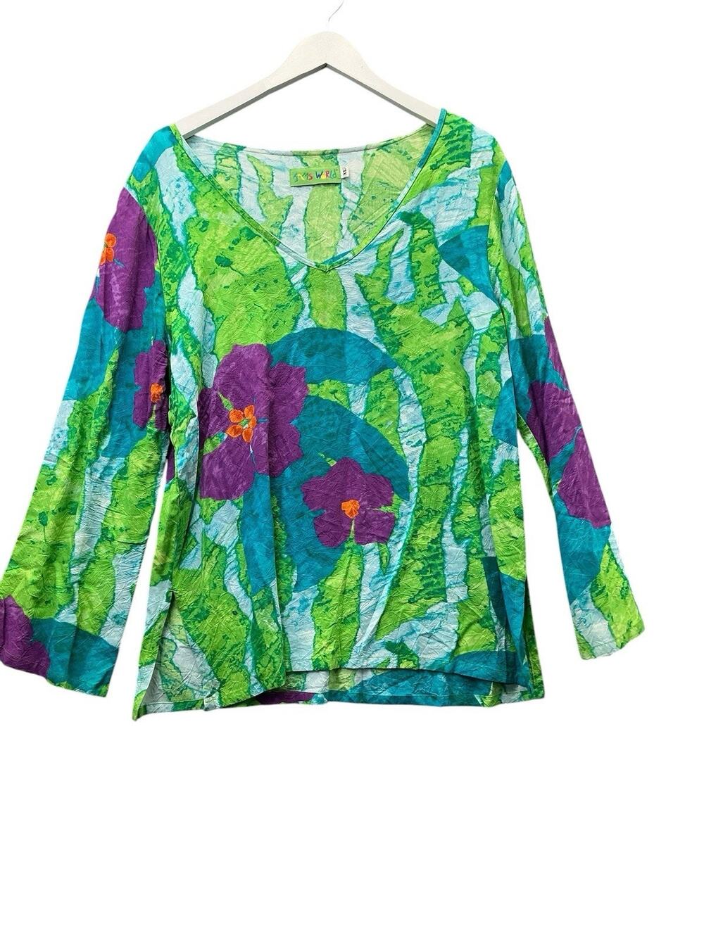 Jams World Bright Tropic Beach Floral Tunic Top USA Pockets Yellow 80s Vtg Sz XL